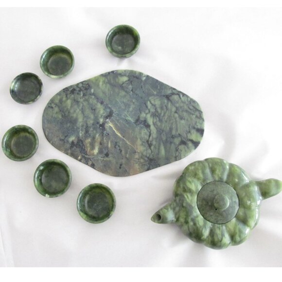 Vintage Asian Jade Teapot Cups and Tray Set in Original Box - Picture 6 of 16